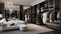 Design a Hollywood glam luxury bedroom with mirrored furniture, a tufted headboard, and a walk-in closet showcasing a designer