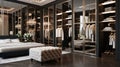 Design a Hollywood glam luxury bedroom with mirrored furniture, a tufted headboard, and a walk-in closet showcasing a designer