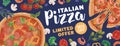 Design of horizontal ad banner for pizzeria with pizzas and ingredients on colored background. Promo template for