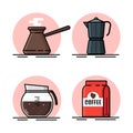 Design of horizontal banner with coffee machine and coffe flat icons. Coffee equipment banner