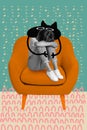Design illustration collage of alone young girl sitting chair crying tears emotional pressure cat cuddles isolated on