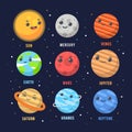 Vector Cute Planet icon set of solar system planets on dark space background. all planet icon. Royalty Free Stock Photo