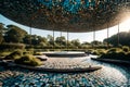 An image of a mosaic podium in an urban park, blending modern design with nature, showcasing its role as an artistic focal