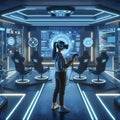 Immersive futuristic interior of a virtual reality gaming room