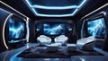 Immersive futuristic interior of a virtual reality gaming room