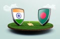 Design of India vs Bangladesh cricket flags with shield celebration stadium, 3d illustration