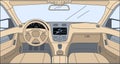 Design inside the car vector cartoon outline illustration. Driver view with navigator, rudder, dashboard.