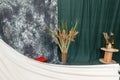 Design of interior photo studio with straw in vase and green background. Minimalistic interior Royalty Free Stock Photo