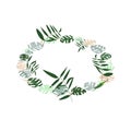 oval frame made of leaves of tropical plants on a light background for the design of invitations