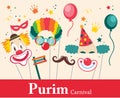 Design for Jewish holiday Purim with masks and traditional props. Vector illustration