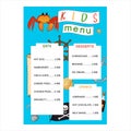 Design of the kids menu in pirate style. Design menu on a blue background. Hand drawing in cartoon style. Vector illustration