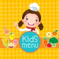 Design of kids menu with smiling girl chef