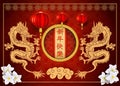 Design layout cards in red and gold colors on the theme of the Chinese new year two Asian carved dragon and the inscription in Royalty Free Stock Photo