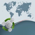 Design layout template with world map and three dimensions cogwheels rounded by green arrows as generic symbol of recycle