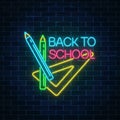 Design of leaflet, flyer with pencils and ruler. Neon banner with back to school greeting text.