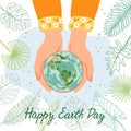 The design of the leaflet happy Earth Day. The planet is in hand with sheets of trees. Color vector illustration in Royalty Free Stock Photo