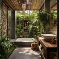 a large bathtub in a light-filled, cozy bathroom in a home