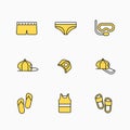 Design of linear yellow icons on the theme of vacation, summer and travel