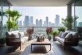 Design living room and balcony terrace with background of urban city