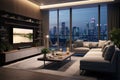 Design living room and balcony terrace with background of urban city