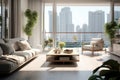 Design living room and balcony terrace with background of urban city