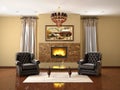 Design of living room with fireplace and two armchairs. 3d illus