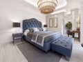 The design of a luxurious bedroom in a contemporary style with a blue bed and white walls. Armchair with footrest and dressing