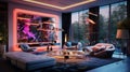 Design a luxurious living room with sleek modern furnishings and vibrant neon lights that cast an electrifying ambiance throughout