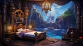 Design a luxury bedroom for young adventurers with a 3D background view of a pirate island, complete with hidden treasures and a Royalty Free Stock Photo