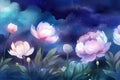 Design a magical and enchanting watercolor illustration of a peony flower garden