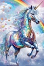 Design of a magical unicorn with rainbow, surrounded by hearts and clouds, broken glass effect art, fantasy, fairy tale