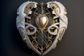 Design of a mechanical heart with silver and gold details in rococo style. Generative AI.