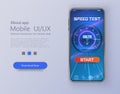 Design of mobile app, UI, UX, GUI. Internet speed test smartphone interface vector template. Mobile app page blue design