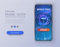 Design of mobile app, UI, UX, GUI. Internet speed test smartphone interface vector template. Mobile app page blue design Royalty Free Stock Photo