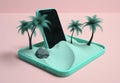 summer up cyber creative sand mock concept holiday sea phone palm. Generative AI.