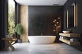 Design of a modern bathroom interior, shower cabin with toilet, sink in dark colors.