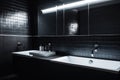 Design of a modern bathroom interior, shower cabin with toilet, sink in dark colors.