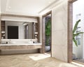 Design of modern contemporary wood bathroom with parquet floor and white marble wall Royalty Free Stock Photo