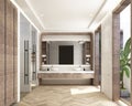 design of modern contemporary wood bathroom with parquet floor and white marble wall Royalty Free Stock Photo