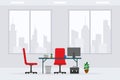 Design of modern empty business office working place front view vector illustration. Red chair, cityscape window interior Royalty Free Stock Photo