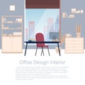 Design of modern empty office working place, chair, computer, desktop, bookcase, panoramic window Royalty Free Stock Photo