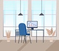 Design of modern empty office working place front view desk, chair, computer, panoramic window Royalty Free Stock Photo