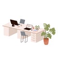 Design of modern empty office working place front view desk, chair, computer, plants in pot Royalty Free Stock Photo