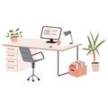 Design of modern empty office working place front view desk, chair, computer, plants in pot Royalty Free Stock Photo