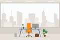 Design of modern empty office working place front view vector illustration. Flat style table, desk, orange chair, computer Royalty Free Stock Photo