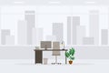 Design of modern empty office working place front view vector illustration. Table, desk, chair, computer, desktop isolated icon