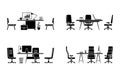 Design of modern empty office workspace vector set. Flat style table desk chair computer desktop pc laptop lamp isolated icon