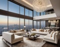 Design modern living room interior. modern living room features high ceilings, large windows, and stunning city views. Royalty Free Stock Photo