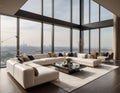 Design modern living room interior. modern living room features high ceilings, large windows, and stunning city views