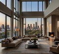 Design modern living room interior. modern living room features high ceilings, large windows, and stunning city views Royalty Free Stock Photo